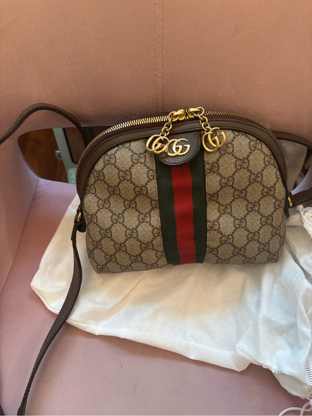 Gucci Brown GG Supreme Canvas Crossbody with Green and Red Web